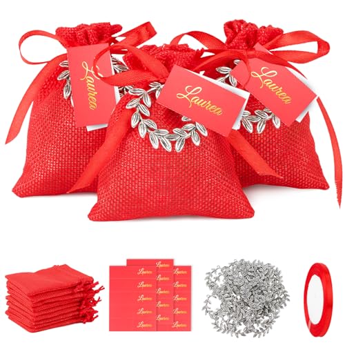 24 stuks Afstuderen Bedankt Candy Bags Hangers Laurel Krans Red Jute Bags Kaarten Afstuderen Feestgasten cadeau