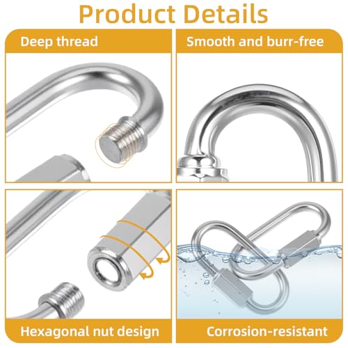 10PCS 304 Roestvrij staal Snelle koppeling ketting Connector Clips Schroef Sluiting Carabiner, Heavy Duty D Vorm Quick Left Schroef Carabiner Clip, Veiligheidsketting haken 1,5 inch 3