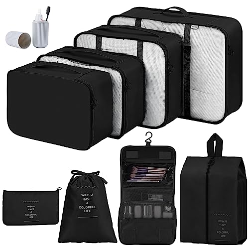 Koffer Organisator Set, Kleding verpakking tassen, Kleding tassen voor koffer, 9-Piece waterdichte verpakking tassen, koffer Organisator, pak tassen Set met cosmetische tas, Schoen zak (zwart)