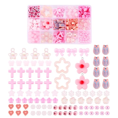 225 Stuks verschillende acryl kralen en bedels sieraden maken Kits Kubus brief kralen bloem vlinder kruis Bow Spacer kralen Bulk voor DIY armband sieraden maken, Roze