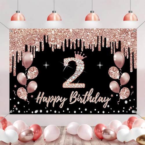 2e verjaardag decoraties voor meisjes, feest decoratie zwart en rozengoud, 2e verjaardag stof teken hangen poster, 2e verjaardag achtergrond Banner Party welkom tekenen 5