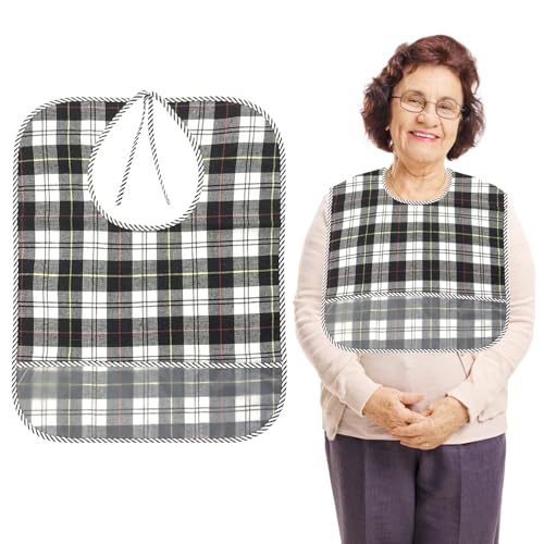 Adult Bibs for Women and Men, 1 Pack of Waterproof and Herbruikbare Adult Bibs with Crumb Catcher, Clothing Protectors for Adults, Ouderen en, zwart en wit