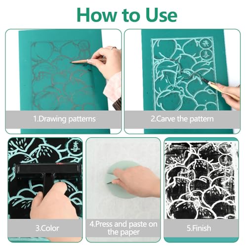 4 stuks zacht Rubber Linoleum vellen, PVC Linoleum plaat flexibele gladde en delicate oppervlakte gladde Gravure, zacht Rubber Lino Printplaat voor gravure, ambachten (2 stukken A4+2 stuks A6) 5