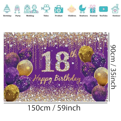 18e verjaardag decoratie voor meisjes, paarse glitter vlekken stof teken poster verjaardag feest decoratie, 18e verjaardag achtergrond Banner meisjes, 18e verjaardag feest decoratie