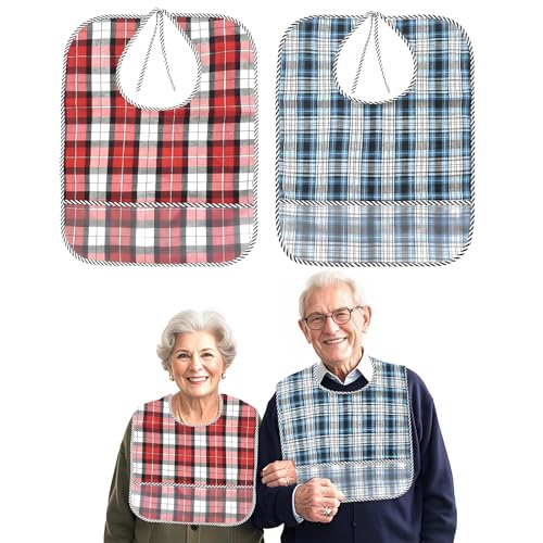 Adult Bibs voor Vrouwen en Mannen, Set van 2 Waterproof en Herbruikbare Bibs voor Volwassenen met Crumb Catcher, Kleding Beschermers voor Volwassenen, Ouderen en, blauw en rood