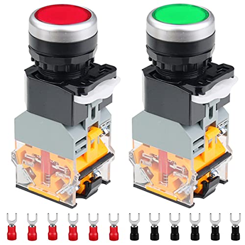 2Stuks 220V 22mm Momentaire drukknopschakelaar 10A 2 kleur (rood/groen) LA38-11DN 1NO 1NC LED-indicatorlichtschakelaar voor doe-het-zelf met 20st vorkterminal