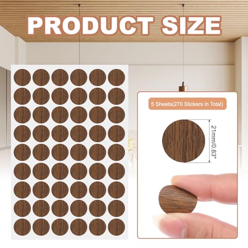 270 stuks schroefgatstickers, 5 vellen zelflevende waterdichte PVC-houtnerfsticker voor schroefgaten, wandkasten, bureaureparatie, licht walnoot, 21 mm/0,83 inch