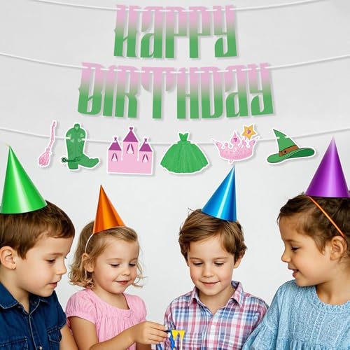 Witch Party Decoratie Banner, Roze en Groen Thema Gelukkige verjaardag Banner Voorgemonteerde magische hoed en kroon hangende achtergrond voor verjaardag partij leveringen 5