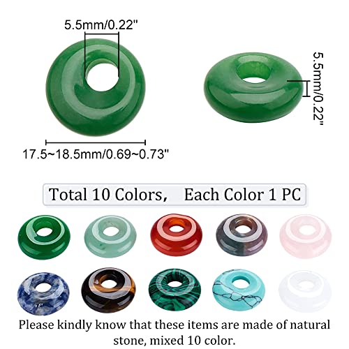 10 st 10 stijlen natuurlijke donut edelsteen hangers, 17.5mm platte ronde synthetische donut steen hanger Large Hole Healing kristal kralen Bedels voor sieraden maken, Gat: 5.5mm
