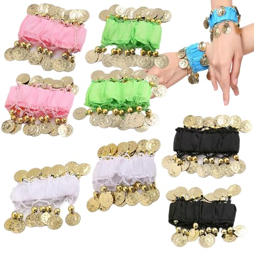 5 Paar Belly Dansen Polsbandjes, Belly Dans Coin armband, Belly Dans Enkelband Accessoires, Geweldig voor Belly Dancer of Oosterse Dancer Dress Up (Vijf kleuren), Blauw Meer, roze, fruit groen, wit, zwart