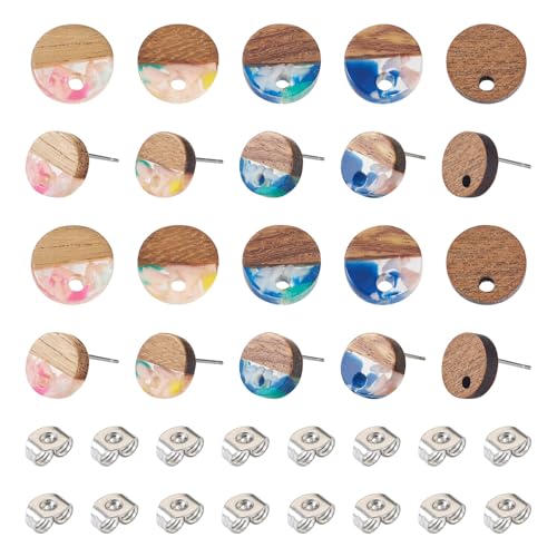 30 st. Hars Houten Oorbellen Posts 10mm Platte Ronde Houten Oorbellen Oorbellen Pin met oormoeren voor Dangle oorbellen sieraden maken