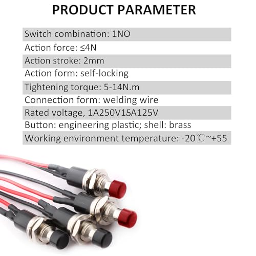 4 st. 7mm Pre-Wired Mini Zelfrem duwschakelaar, AAN/UIT 2 Pin ronde drukknop voor auto, boot, Arduino, DIY, AC 250V/1.5A, 125V/3A, Mini duwknop (rood zwart) 4