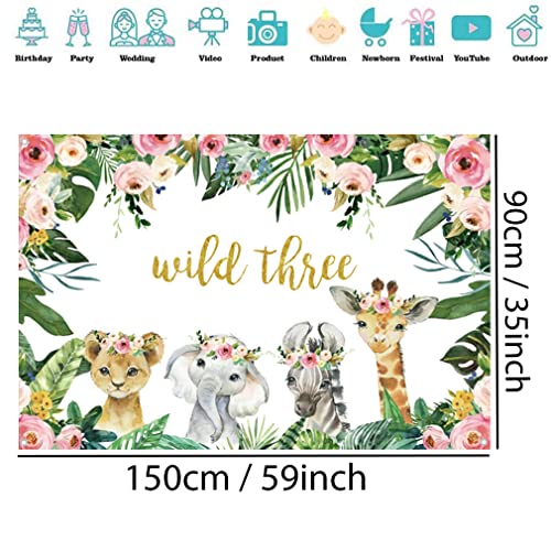 Safari Wild Drie achtergrond Safari Dier 3e Verjaardag Party Backdrop Jungle Meisje 3e Verjaardag Party Decoratie Fotografie Achtergrond Verjaardag Poster, 150cm x 90cm