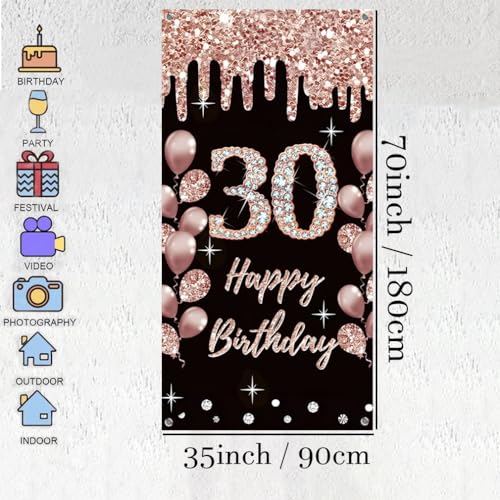 30e verjaardag decoratie voor vrouwen gelukkig 30e verjaardag poster deur banner zwart en rose stof teken muur / deur banner 30e verjaardag achtergrond banner vrouw verjaardag feest welkom teken 3