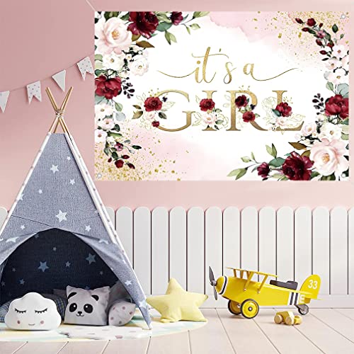 Het is een meisje baby douche achtergrond rode en roze bloemen baby douche fotografie achtergrond bloem meisje feest decoraties Feestbanner Stof Tekenposter 5