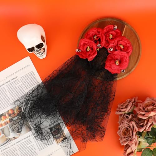 Gothic Rose Lace Veil Headgear, Halloween Rose Flower Headband met schedeldecoratie Bruids hoofdjurk Headwear voor vrouwen Halloween Cosplay Party Costume Accessoires 3