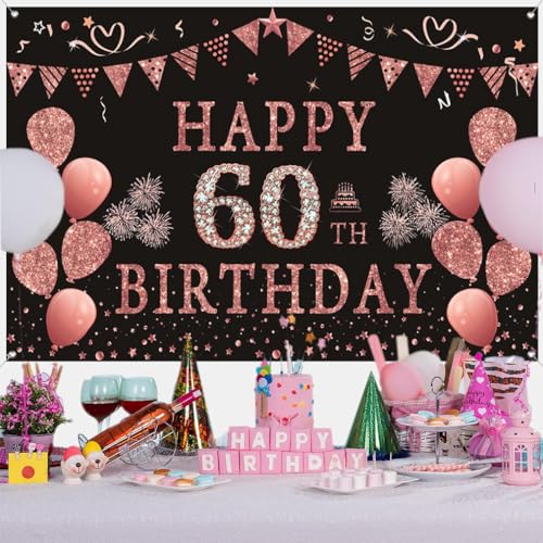 60e verjaardag decoratie voor vrouwen, roze glitter vlekken stof teken poster verjaardag feest decoratie, 60e verjaardag achtergrond banner vrouw, 60e verjaardag feest decoratie