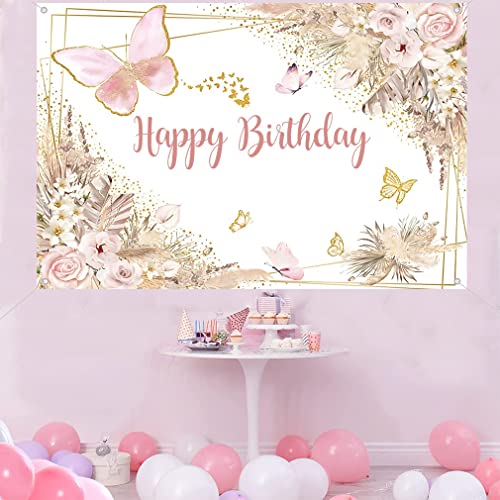 Verjaardag Decoratie, Gelukkige Verjaardag Achtergrond, Banner, Party Decoration voor meisjes, Vlinders en bloemen, Verjaardag Partij, Stof Tekenposter Verjaardag Foto Achtergrond, 150 x 90 cm 3