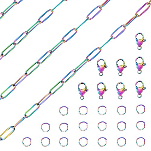5M Rainbow Kleur Roestvrij stalen Paperclip Kettingen 12x4x1mm Metalen Oval Link Kabel Ketting met Jump Rings Klauw sluiting voor DIY armband ketting sieraden maken