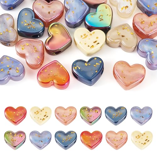 20st Hart Europees Kralen Heart Shape Large Hole Kralen met Gold Foil Opaque Acryl liefde kralen voor DIY armband oorbellen ketting sieraden maken, Willekeurige kleuren
