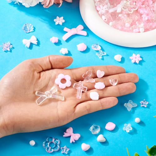 100g diverse acryl kralen bloem kraal caps boeg vlinder hart blad esthetische ambachtelijke kralen bulk voor armband sieraden maken, parel roze & wit 5