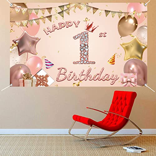 1e verjaardag meisje decoratie, banner 1e verjaardag roos goud, 1e verjaardag bord, verjaardag decoratie 1e verjaardag achtergrond banner voor meisjes 4