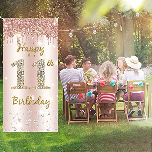 11e verjaardag Decoraties voor meisje, Roseold Stof Tekenposter, Gelukkig 11e verjaardag Muur / Deur Banner 11 jaar Oude partij Levert Foto Achtergrond Welkom Teken, 180cmx90cm 3