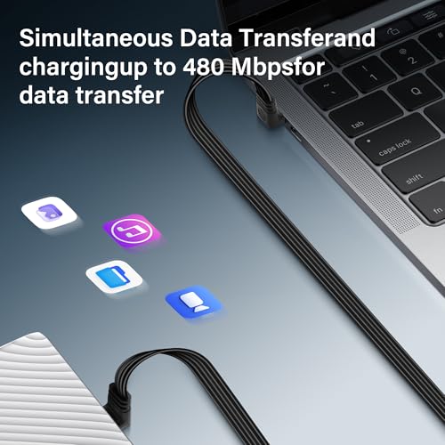 USB-C Extension Cable, USB C 2.0 Type C, Flat Silicone Cable, USB-C Data Cable, 90° Angle Plug to Plug, Efficiënt laden en gegevensoverdracht voor externe SSD, mobiele telefoons (UP-UP)