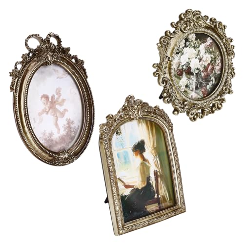 3Stuks 3 Styles Vintage Hars Frames, Gold Ornate Antieke Foto Frames Mini Frames voor Tafelblad Display Muur Hangende Home Decor, 6.3x6/10x6.8/9.4x6.5.160x156mm/253x173mm/240x165mm