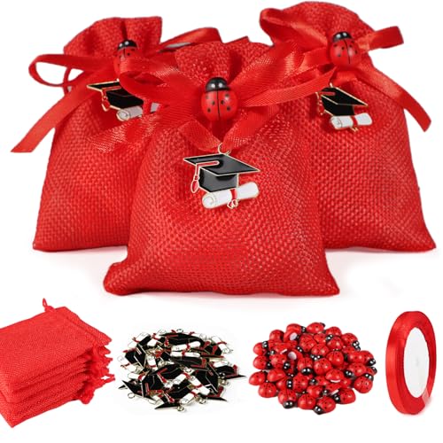 50 stuks Gastengeschenken voor afstuderen, Treats, Afstudeerfeest, Touch, 100 stuks, Ladybug, Red Jute Bags, Candies, Rood, Decoratie, Afstuderen, Gastengeschenken