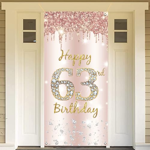 63e verjaardag decoratie vrouwen, Gelukkig 63e verjaardag deur banner roos goud,63e verjaardag stof teken poster deur decoratie,63e verjaardag achtergrond banner dames, verjaardag feest welkom teken