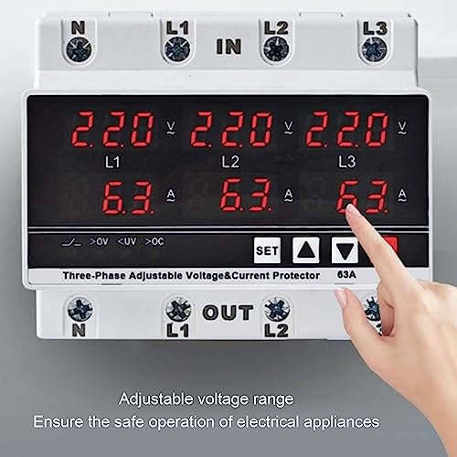 Onder spanningsbeschermer 3 Fase 3 Draad 4 Wire Voltmeter Ammeter DIN Rail verstelbare overstroombeveiliging AC120V - 300V 63A 3