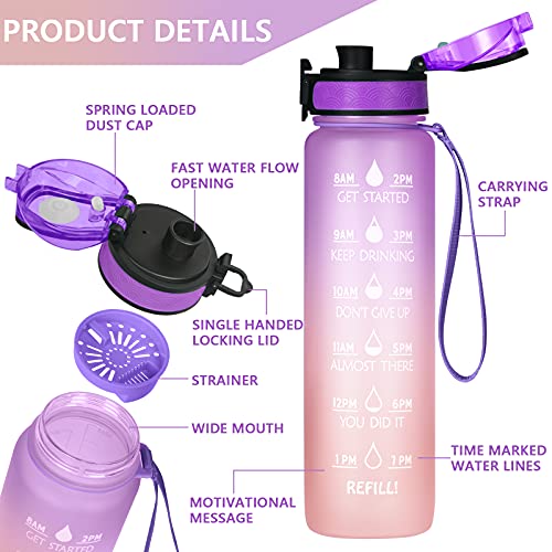 Sport Waterfles 1000 ml Tritan BPA Gratis met stro en tijdstempel voor volwassenen Sport Fitness School kleurverloop paars/oranje 3
