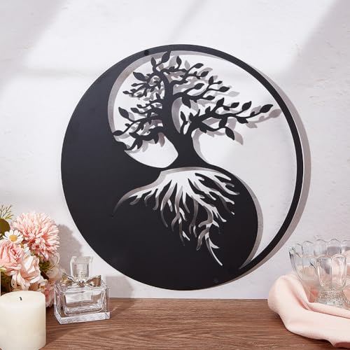 Boom van het leven Metalen Muur Decor, 30cm Yin Yang Wall Art Zwarte Wallpaper Decor Silhouette Wall Art voor Slaapkamer Woonkamer Badkamer Office Garden Hotel Wall Decoratie 3