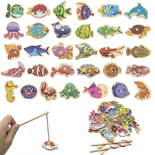 Magnetisch Houten visspel, 31 Houten veiligheidsspellen voor kinderen met 2 magnetische visstokjes voor jongens en meisjes vanaf 3 jaar voor verjaardagsfeest