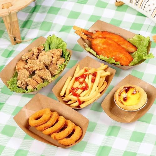 50 stuks Kraft Kartonnen Trays, 16,8x12x5cm Kraft Kartonnen Trays Schepen, Kartonnen Chips Dishes, Currywurst Bowls, Kraft Paper Snack Bowls, voor friet worsten Macarons 4