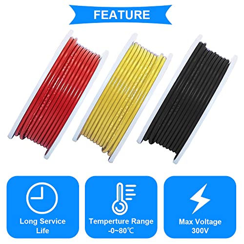 20 AWG, 300V Connection Cable Kit, 20 Gauge Elektrische Kabel, 300V, PVC isolatie, Tinned Copper Gevlochten Draad, 3 Kleuren (zwart, rood, geel), Elke Kabel 7 Meters, Kabel Assortiment Kit voor 4