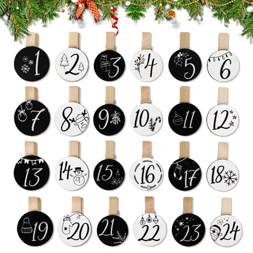 Verpakking van 24 Advent Calendar Clips met nummers, 1-24 Houten Kerst Pegs, Decoratieve Mini Kerstmis Clips, Ronde decoraties voor foto frames, Cadeautassen