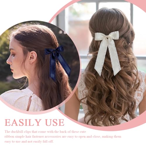 4 st. Ruffled Ribbon Bows voor Hair Clips met lange zijde Satijn Solide kleur Satijn Ruched Bow Clip Cute Ribbon Eenvoudige Hair Attachment Accessoires voor Hair Styling Vrouwen 5