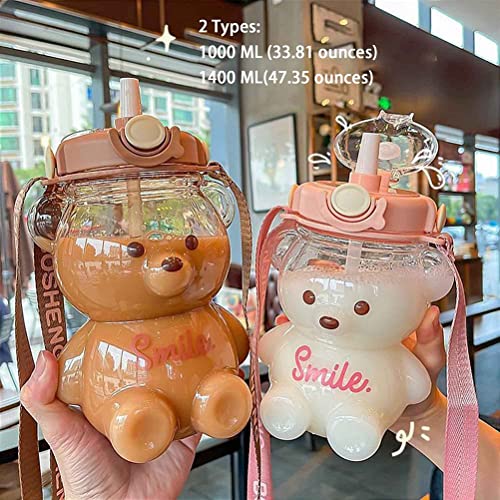 Waterfles voor kinderen, Drinkfles met stro, Kawaii Bear Waterfles Portable Cartoon Kids Waterfles met verstelbare schouderband voor buiten reizen