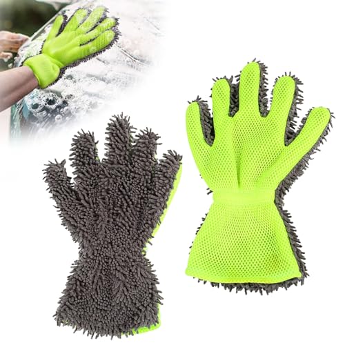 Verpakking van 2 autowashandjes met elastische riem Microvezelhandschoenen voor auto, dubbelzijdig autowashanddoek, 5 vingers voor auto wassen, motorfiets, ontstoffing 30 x 21 cm