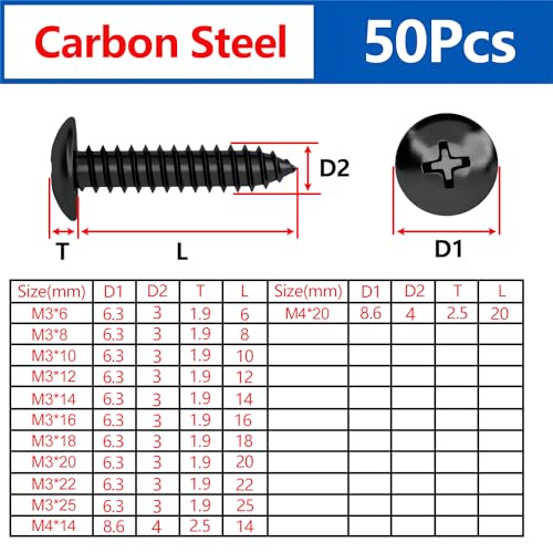 Verpakking van 50 Phillips Hoofd Schroeven M4 x 20mm Zelftappende Schroeven Ronde Hoofd Zwarte Paddestoel Hoofd Zelftappende Schroeven Kruis Groove Volledige Thread voor Plastic Hout Zachte Metaal