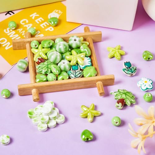 66 Stuks Handgemaakte Porselein kralen Bloem kralen Helder Geglazuurd hart / Starfish Porselein kralen Diverse Spacer Keramische kralen voor doe-het-zelf sieraden maken, gazon groen 3