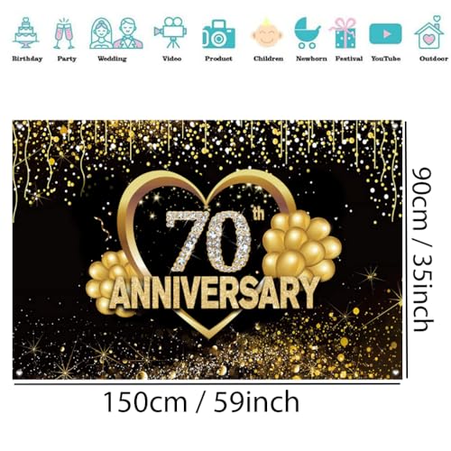 Gelukkige 70e verjaardag achtergrond decoraties, Gelukkig 70e verjaardag banner, 70e verjaardag feest poster accessoires stof board poster, zwart goud jubileum koeko foto achtergrond