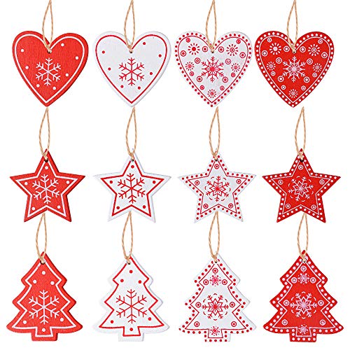 SERWOO Set van 48 Houten Kerstversieringen met Hole Kerstboom + 2 Opbergdozen + 5 Touwen Ornament Kerstaccessoires Kerstversiering Boomboom (12 Modellen)