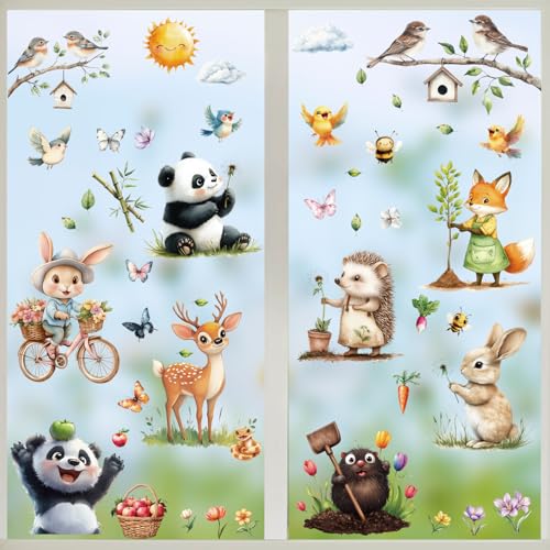 9 Vellen Dieren Window Stickers Dubbelzijdige Window Stickers Forest Animal Window Stickers Deer Mole Fox Panda Konijn voor glazen ramen Deuren Voorjaar Pasen Decor