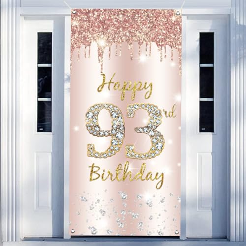 93rd Birthday Decoration Vrouwen, Gelukkig 93rd Birthday Deur Banner Rose Gold,93rd Verjaardag Stof Tekenposter Deur Decoratie,93e Verjaardag Achtergrond Banner Dames,Birthday Party Welkom Teken