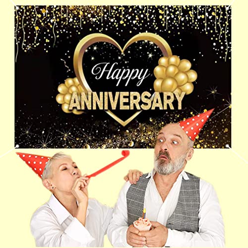 Gelukkige verjaardag decoratie, bruiloft verjaardag Feest Banner Stof Tekenposter Achtergrond Banner, Tafelkleed, Zwart & Goud, 150cm x 90cm 5