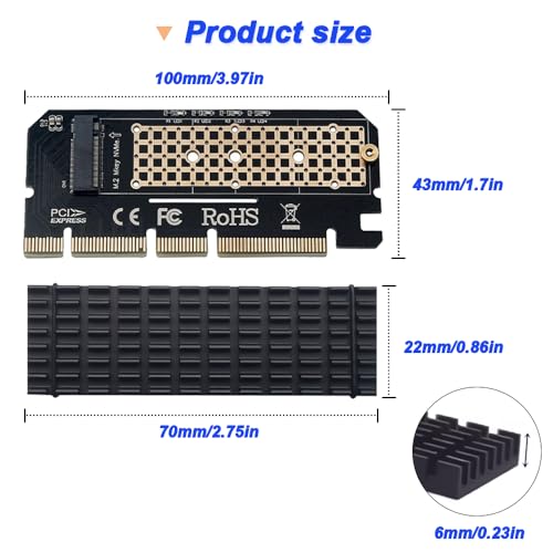 M.2 NVMe naar PCIe 4.0 X16/X8/X4 Adapterkaart met M.2 Aluminium Heat Sink, ondersteunt 2230, 2242, 2260, 2280 Solid State Drives (2 Pack) 3