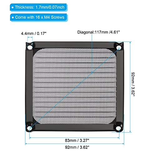 92 mm Ventilatorfilter Grills met schroeven, 4 pakkingen, Aluminium, roestvrij stalen frame, Mesh, Waterdicht, voor Computer, Beschermhoes, Zwart